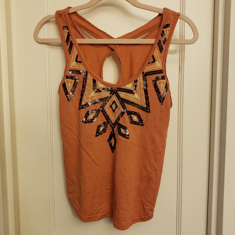 Tribal Sequin Design Cross Back Tank Top Coral